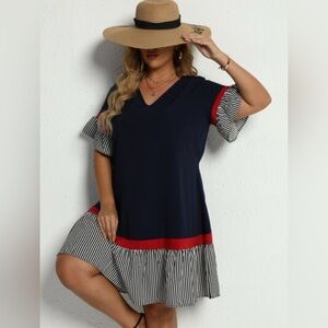 SHEIN LUNE Plus Contrast Striped Flounce Sleeve Smock Dress 0X